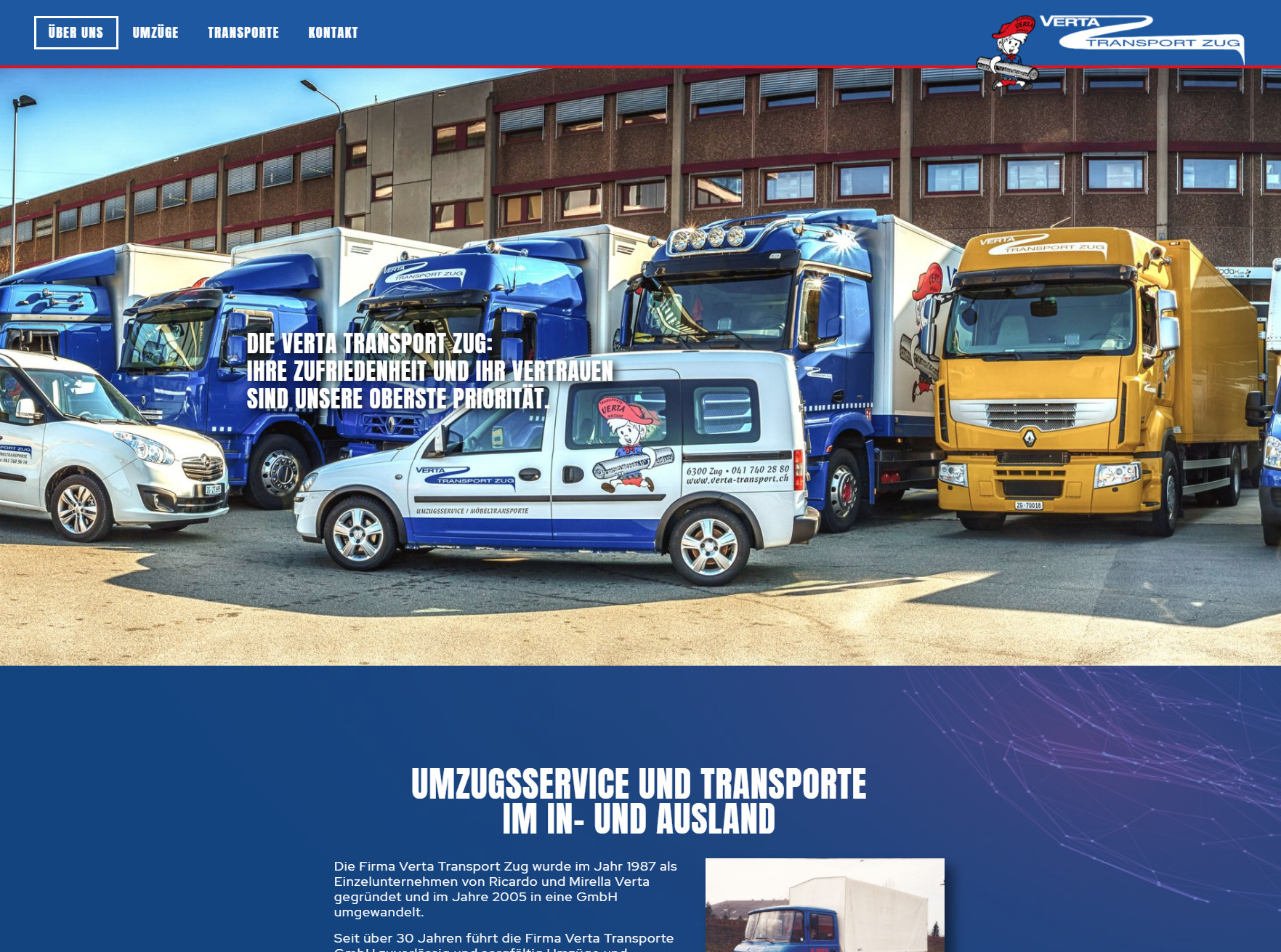 Bildschirmausschnitt der neuen Homepage für die Verta Transporte GmbH in Zug